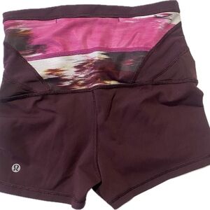 lululemon athletica 2 in 1 Plum Athletic Shorts with Pink Patterned Waistband